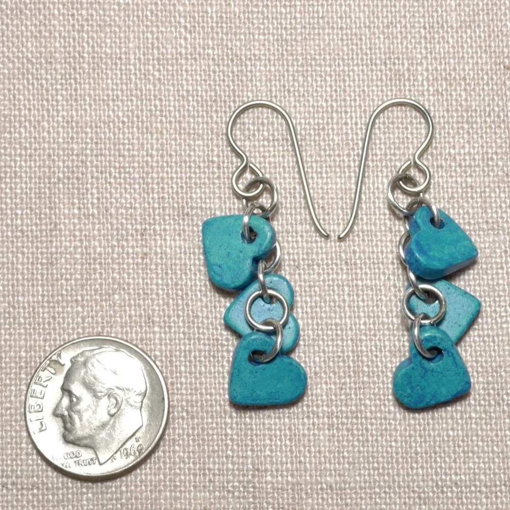 Hand Crafted Handmade Earrings Turquoise Ceramic Chain of Hearts Long Ea… - Picture 3 of 4